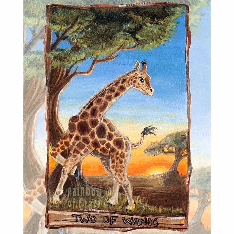 This art print features the Two of Wands card from the Animism Tarot: a giraffe stands near a tree, looking over its home. The sun rises in the distance near a second tree