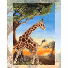 Load image into Gallery viewer, This art print features the Two of Wands card from the Animism Tarot: a giraffe stands near a tree, looking over its home. The sun rises in the distance near a second tree
