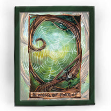 Load image into Gallery viewer, This art print features the Wheel of Fortune tarot card from the Animism Tarot: a beautiful spider web sits in the curved branches of a tree. An orb weaver spider rests at the bottom of the web.
