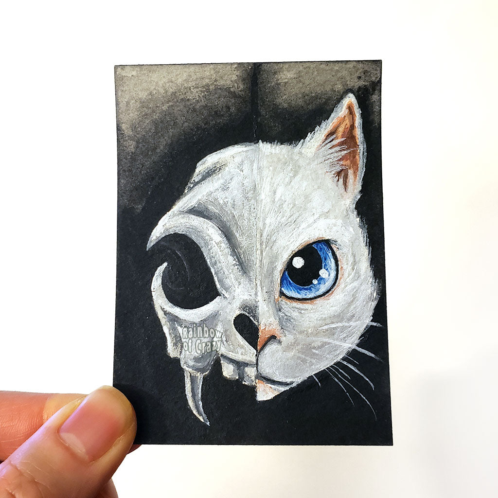 An ACEO painting with the left side featuring an evil looking cat skull, and the right side featuring a blue eyed white cat