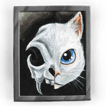 Load image into Gallery viewer, An art print featuring the face of a blue eyed white cat on the right side, and a stylized cat skull on the left side.
