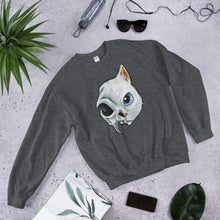 Load image into Gallery viewer, A unisex sweatshirt in the colour dark heather grey, printed with a graphic split into two: the right side features the face of a blue eyed white cat, and the left side features an evil looking cat skull.
