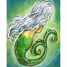 Load image into Gallery viewer, a print featuring art of a mermaid with long white hair, her face hidden away from the viewer.
