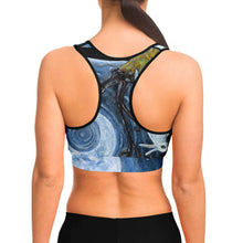 Load image into Gallery viewer, a woman wearing a sports bra printed with art of the Moon Tarot card, from the Animism Tarot deck.
