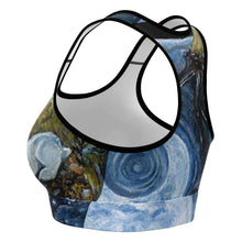 Load image into Gallery viewer, a sports bra printed with art of the Moon Tarot card, from the Animism Tarot deck.
