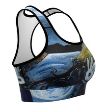 Load image into Gallery viewer, a sports bra printed with art of the Moon Tarot card, from the Animism Tarot deck.
