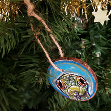 Load image into Gallery viewer, A Christmas tree wood ornament, hand painted with art of a yellow anaconda snake
