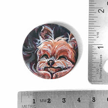 Load image into Gallery viewer, a small, smooth, wood disc, hand painted with a portrait of a sleeping Yorkshire terrier dog. available as a wood keepsake or pendant necklace.
